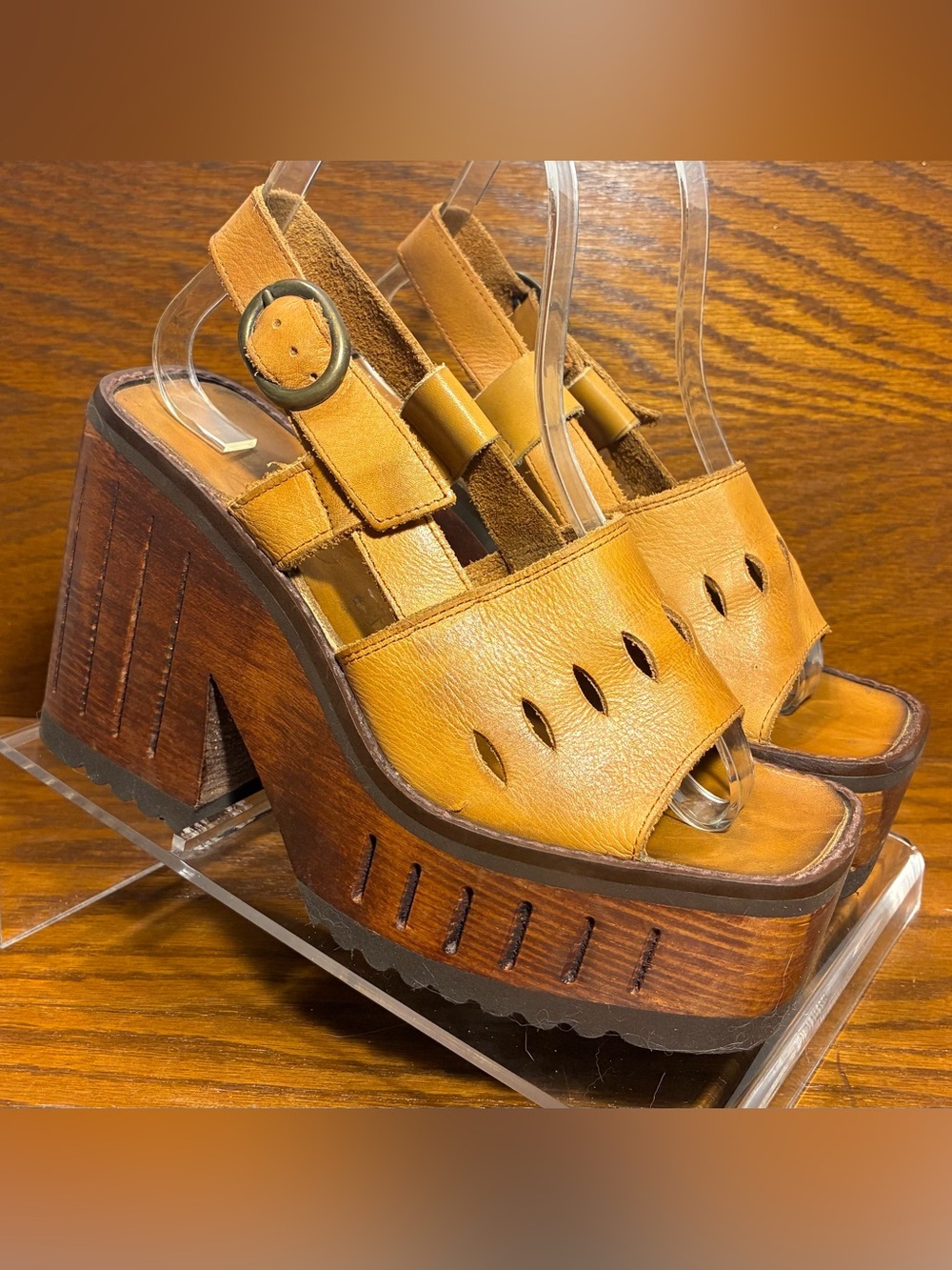 RARE Y2K VTG Rizzo Wood Platform Block Heel Slingback Sandals Tan Leather Size 6
